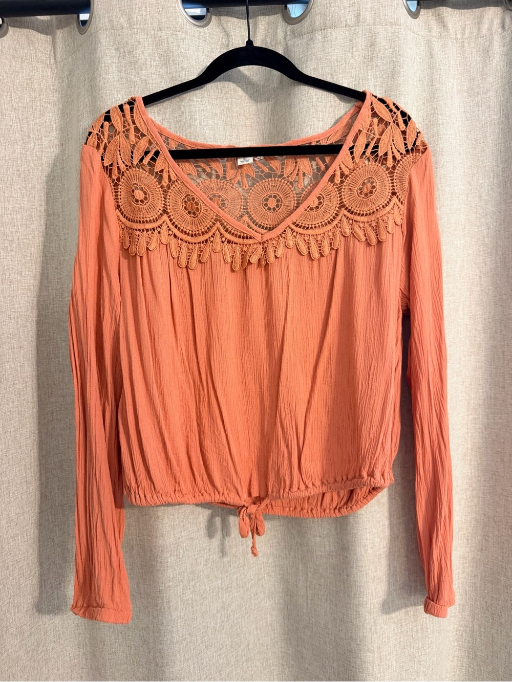 Women's Crochet Yoke Long-Sleeve Top - light coral